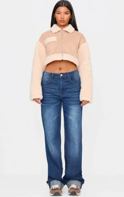 Sand Faux Suede Contrast Borg Cropped Jacket