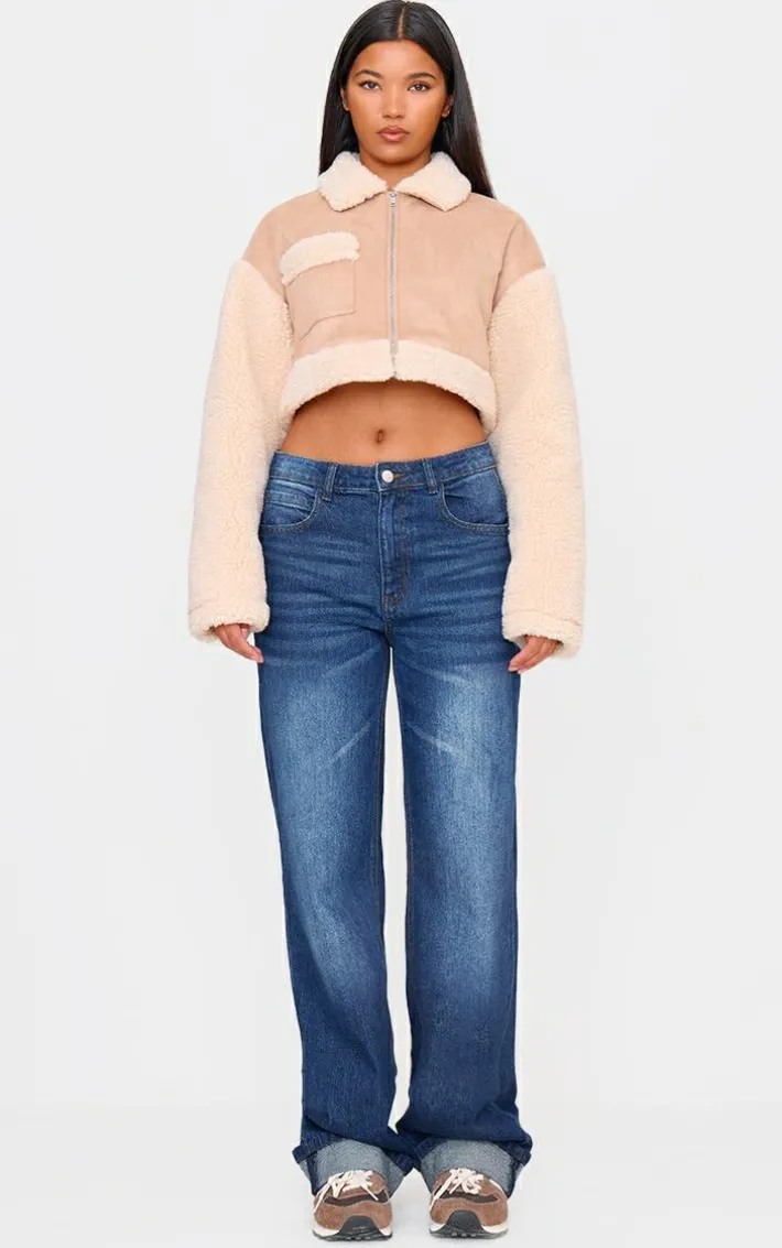 Sand Faux Suede Contrast Borg Cropped Jacket
