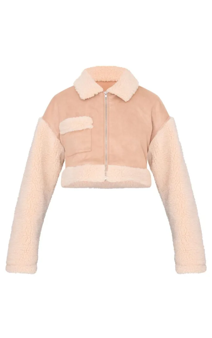 Sand Faux Suede Contrast Borg Cropped Jacket