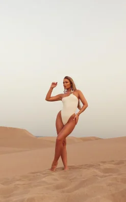 Sand Gold Trim Asymmetric Swimsuit