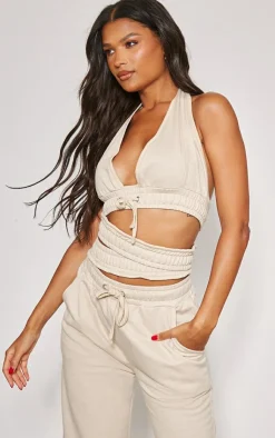 New PrettyLittleThing Halterneck Cut Out Double Waistband Bralet Sand