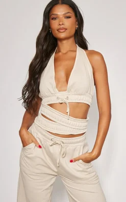 New PrettyLittleThing Halterneck Cut Out Double Waistband Bralet Sand