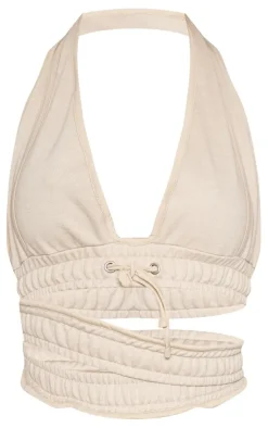 New PrettyLittleThing Halterneck Cut Out Double Waistband Bralet Sand