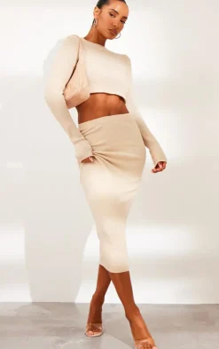 Best PrettyLittleThing Knitted Tube Midaxi Skirt Sand