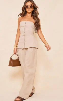 Clearance PrettyLittleThing Linen Look Longline Button Bandeau Top Sand