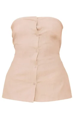 Clearance PrettyLittleThing Linen Look Longline Button Bandeau Top Sand