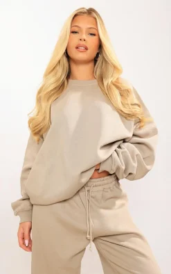New PrettyLittleThing Panelled Rib Detail Oversized Sweatshirt Sand