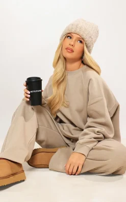 New PrettyLittleThing Panelled Rib Detail Oversized Sweatshirt Sand