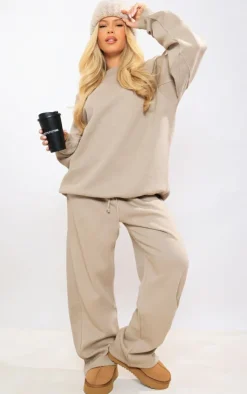 PrettyLittleThing Panelled Rib Detail Wide Leg Sweatpants Sand