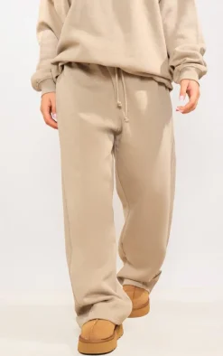 PrettyLittleThing Panelled Rib Detail Wide Leg Sweatpants Sand