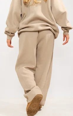 PrettyLittleThing Panelled Rib Detail Wide Leg Sweatpants Sand