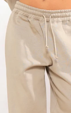 PrettyLittleThing Panelled Rib Detail Wide Leg Sweatpants Sand