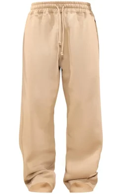 PrettyLittleThing Panelled Rib Detail Wide Leg Sweatpants Sand