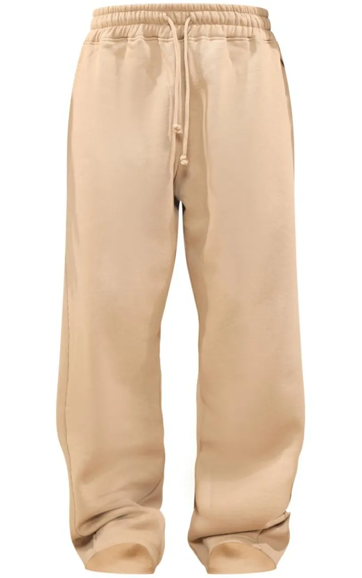 PrettyLittleThing Panelled Rib Detail Wide Leg Sweatpants Sand