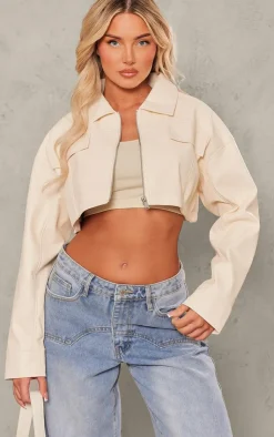 PrettyLittleThing Faux Leather Jackets*Soft Faux Leather Asymmetric Hem Crop Jacket