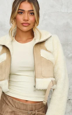 Sand Teddy Contrast Faux Suede Croppped Aviator Jacket