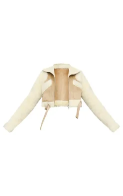 Sand Teddy Contrast Faux Suede Croppped Aviator Jacket