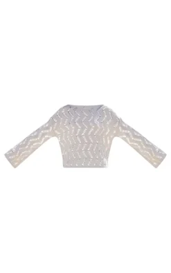 Outlet PrettyLittleThing Textured Cut Out Detail Knit Long Sleeve Top Sand