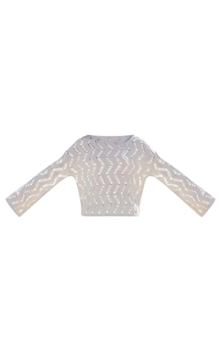 Outlet PrettyLittleThing Textured Cut Out Detail Knit Long Sleeve Top Sand