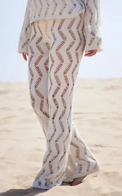 Discount PrettyLittleThing Textured Cut Out Detail Knit Wide Leg Pants Sand