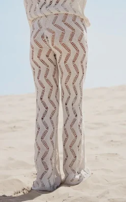 Discount PrettyLittleThing Textured Cut Out Detail Knit Wide Leg Pants Sand