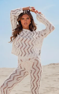 Discount PrettyLittleThing Textured Cut Out Detail Knit Wide Leg Pants Sand