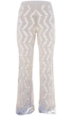 Discount PrettyLittleThing Textured Cut Out Detail Knit Wide Leg Pants Sand