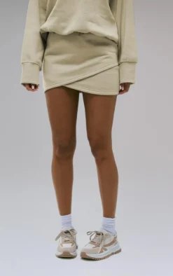 Discount PrettyLittleThing Wrap Over Sweat Mini Skirt Sand