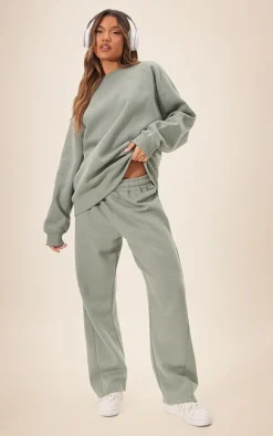 Online PrettyLittleThing Panelled Rib Detail Wide Leg Sweatpants Sea Green