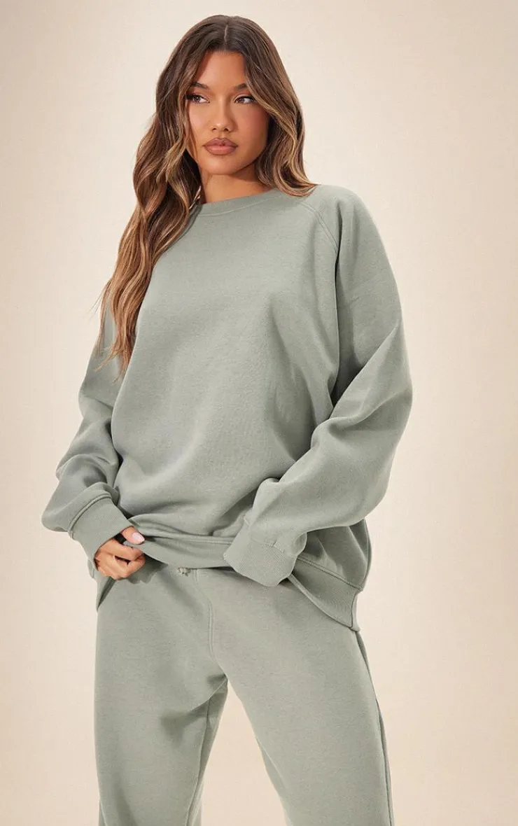 Clearance PrettyLittleThing Panelled Rib Detail Oversized Sweat Sea Green