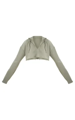 Sea Green V Neck Raw Hem Cropped Hoodie