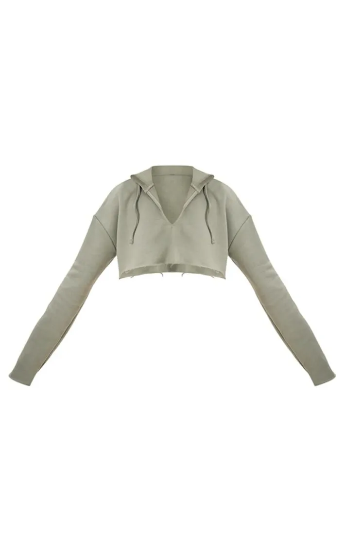 Sea Green V Neck Raw Hem Cropped Hoodie