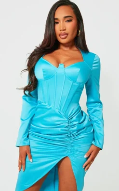 Shape Aqua Satin Corset Detail Long Sleeve Ruched Midi Dress-PrettyLittleThing Best