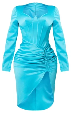 Shape Aqua Satin Corset Detail Long Sleeve Ruched Midi Dress-PrettyLittleThing Best