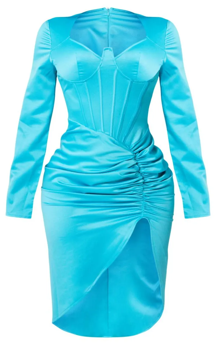 Shape Aqua Satin Corset Detail Long Sleeve Ruched Midi Dress-PrettyLittleThing Best