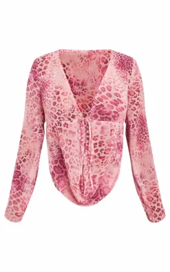 Sale PrettyLittleThing Shape Chiffon Leopard Printed Long Sleeve Plunge Top Baby Pink