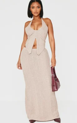 New PrettyLittleThing Shape Brushed Rib Fishtail Maxi Skirt Beige