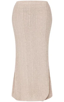 New PrettyLittleThing Shape Brushed Rib Fishtail Maxi Skirt Beige