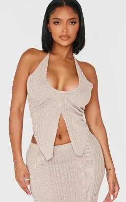 Clearance PrettyLittleThing Shape Brushed Rib Halter Neck Top Beige