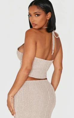Clearance PrettyLittleThing Shape Brushed Rib Halter Neck Top Beige