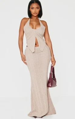 Clearance PrettyLittleThing Shape Brushed Rib Halter Neck Top Beige