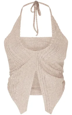Clearance PrettyLittleThing Shape Brushed Rib Halter Neck Top Beige