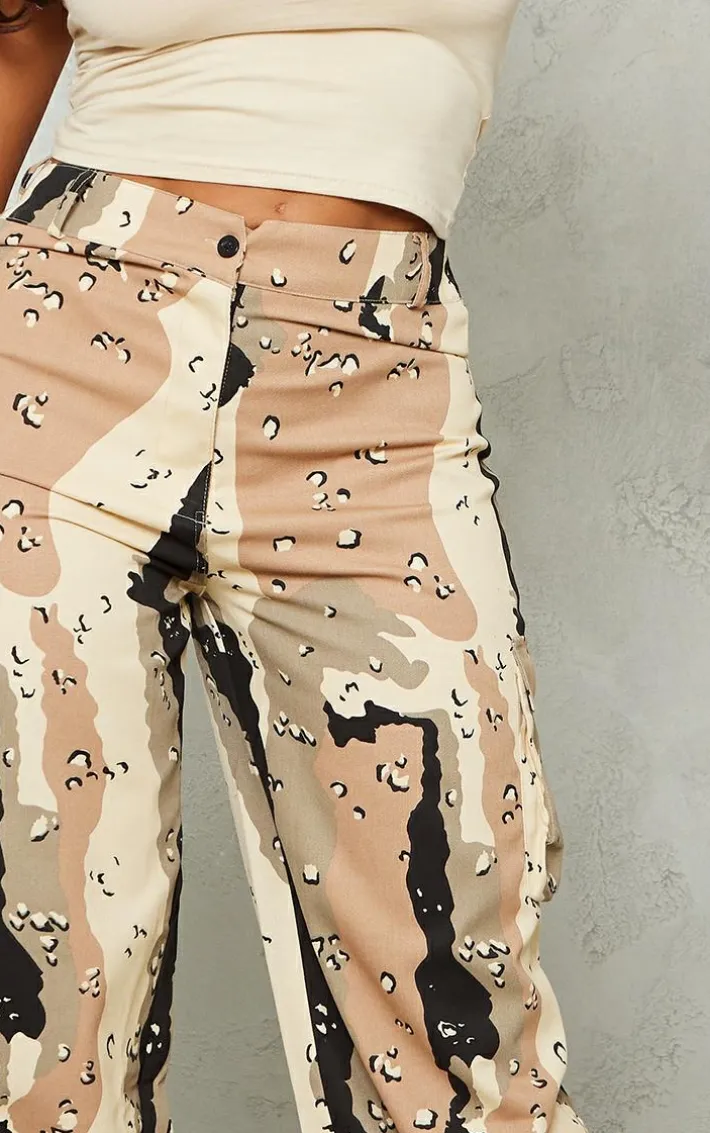 Shape Beige Camo Print Pocket Detail Wide Leg Cargo Pants