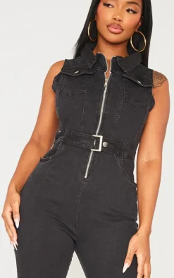 Shape Black Belted Detail Stretch Denim Jumpsuit