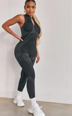 PrettyLittleThing Gym Wear*Shape Branded Contour Detail Zip Sports Jumpsuit