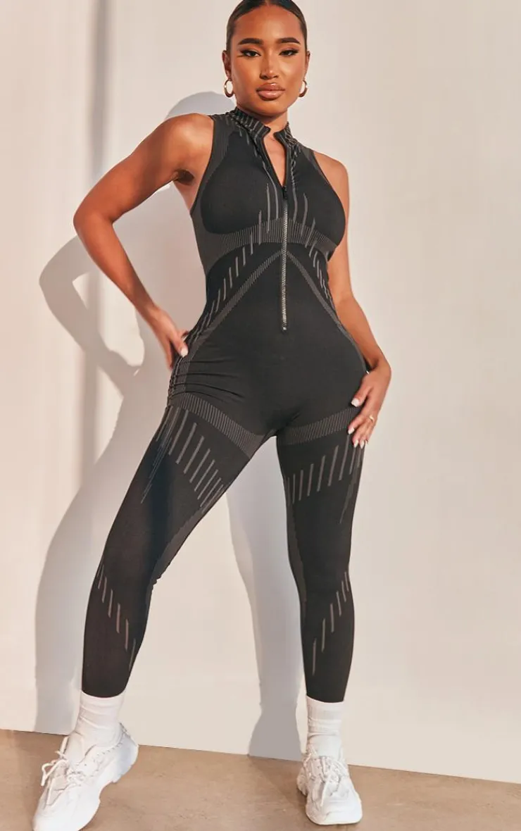 PrettyLittleThing Gym Wear*Shape Branded Contour Detail Zip Sports Jumpsuit