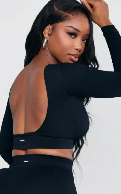 PrettyLittleThing Workout Tops*Shape Branded Open Back Long Sleeve Gym Crop Top