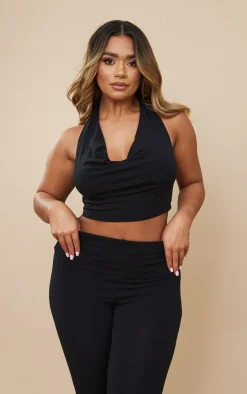 New PrettyLittleThing Shape Contour Jersey Cowl Neck Crop Top Black