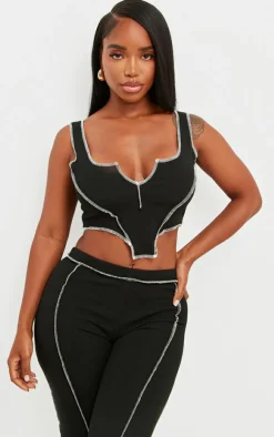 Online PrettyLittleThing Shape Contrast Stitch Ribbed Crop Top Black