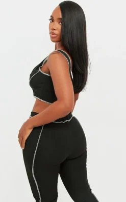 Online PrettyLittleThing Shape Contrast Stitch Ribbed Crop Top Black